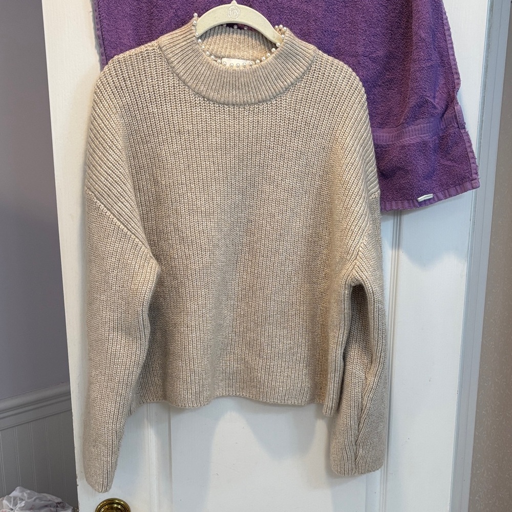 H&M Light Beige Pearl Trim Neckline Sweater